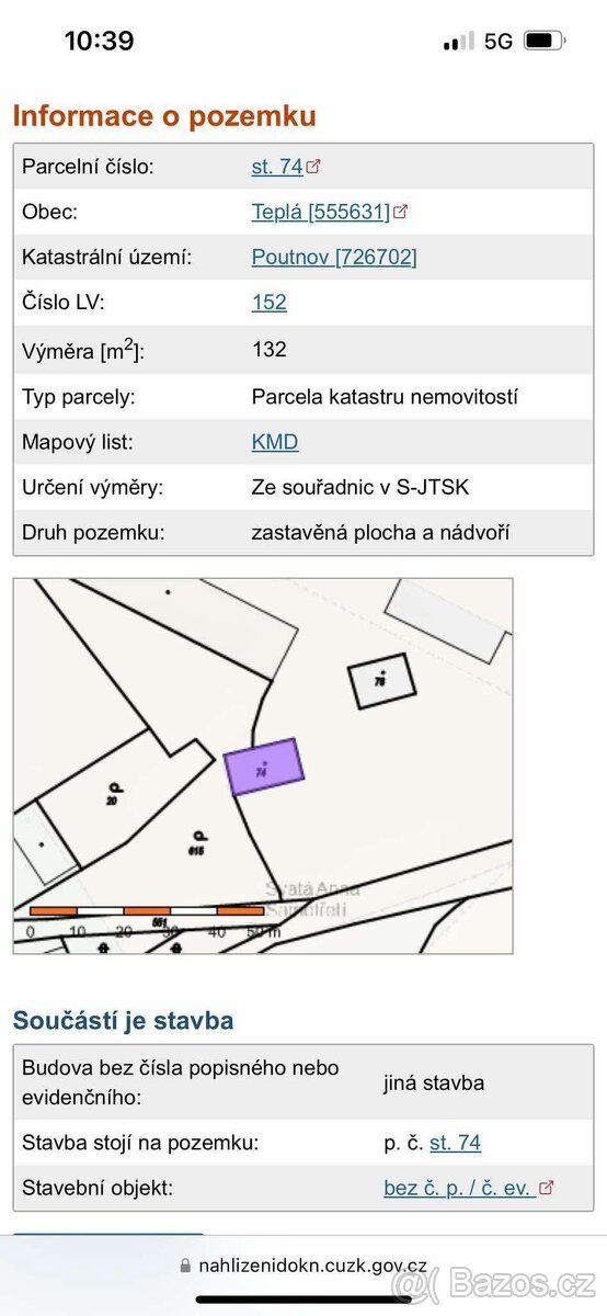 Zastavěný pozemek 132 m², Poutnov