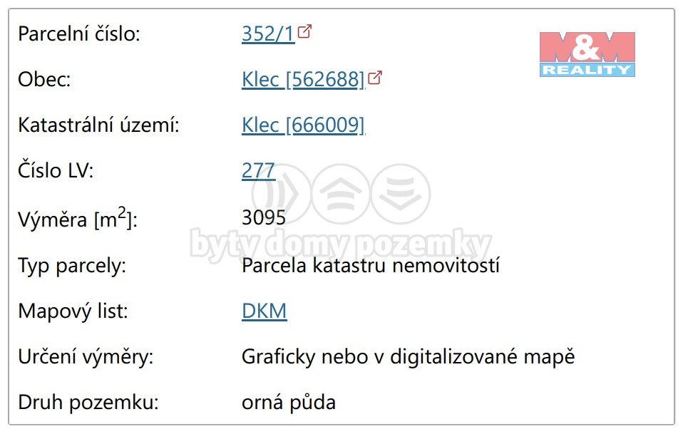 Prodej 1/6 podílu zemědělský pozemek, 3095 m², Klec