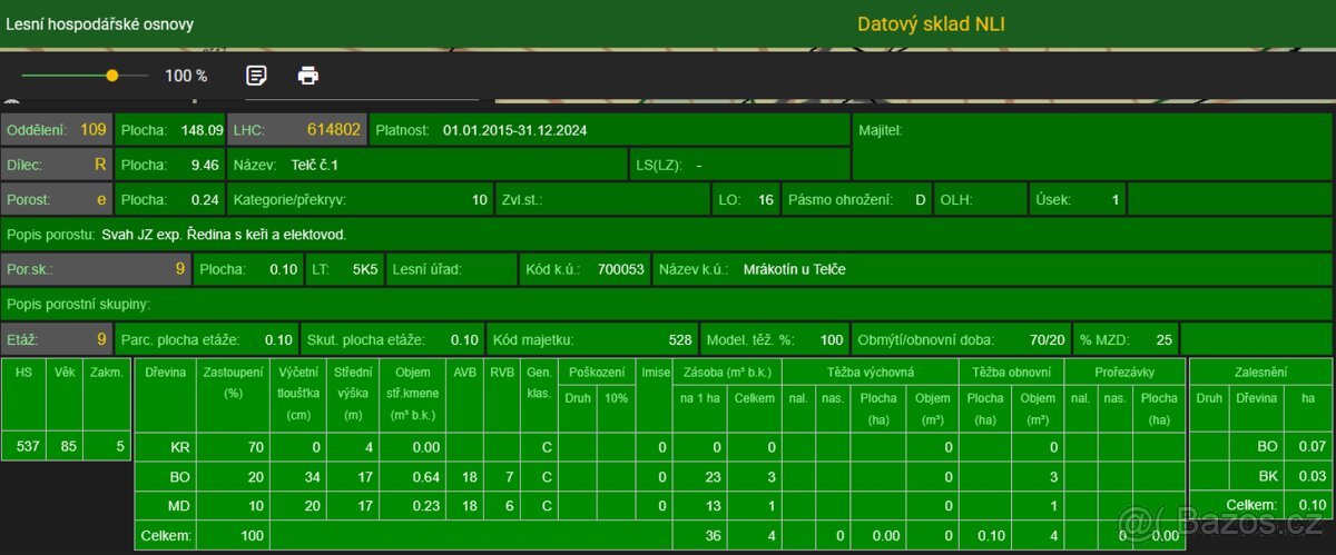 Prodám lesní pozemek v k.ú. Mrákotín u Telče, p.č. 1984