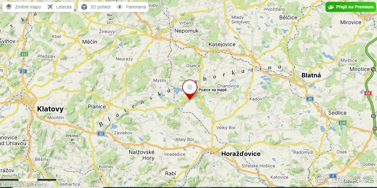 Menší pozemek 1159 m² kousek od Klatov