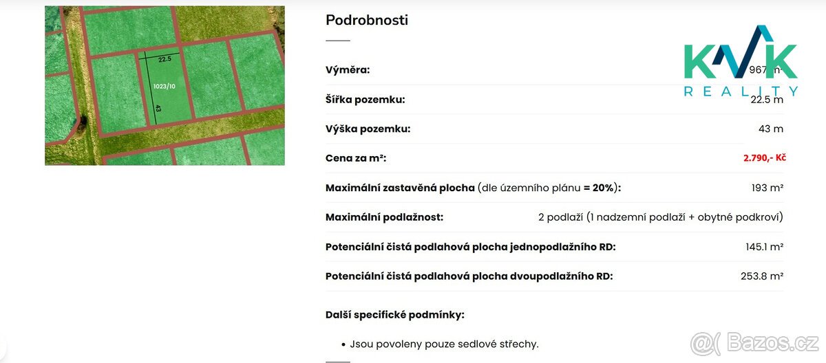 Pozemek o výměře 967m2, určený pro výstavbu rodinného domu, 