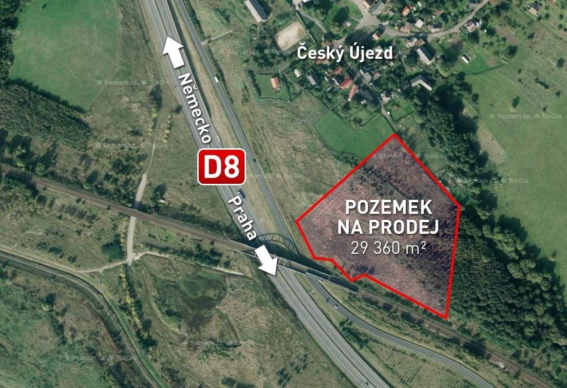 Prodám pozemek u dálnice D8, 29 360m2, cena 238Kč/m2