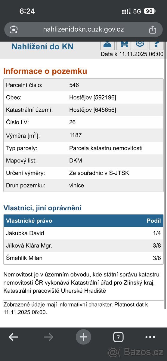 Prodám 1/4 podíl na pozemku – vinice, Hostějov (parc. č. 546